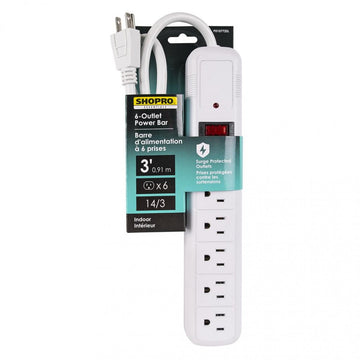 SHOPRO 3 FT 14/3 SJT 6-OUTLET POWER BAR SURGE PROTECTOR - WHITE