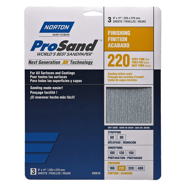 HIGH PERFORMANCE SANDING PAPER 220 VERY FINE GRITS (3 SHEETS OF 9''*11'')