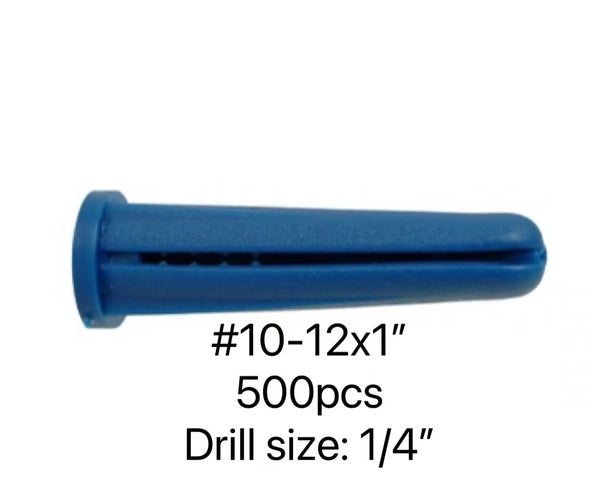 BLUE PLASTIC PLUG #10-12 X 1" - 500PCS/JUG, DRILL SIZE 1/4"
