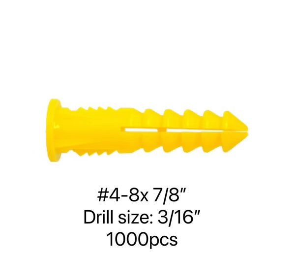 YELLOW PLASTC PUGS #4-8 X 7/8" - 1000PCS/JUG DRILL SIZE 3/16"