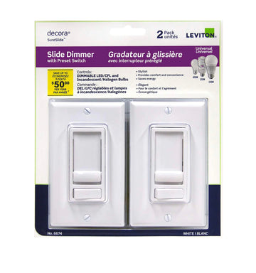 LEVITON SURESLIDE UNIVERSAL SLIDE DIMMER WITH PRESET SWITCH (2PACK)- WHITE