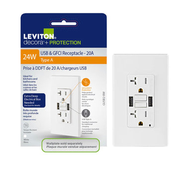 LEVITON 20A GFCI COMBINATION RECEPTACLE TYPE A USB IN-WALL CHARGER IN WHITE