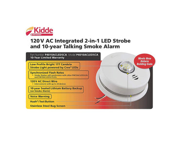KIDDE 120V AC 2-IN-1 LED STROBE AND 10-YEAR TALKING SMOKE ALARM