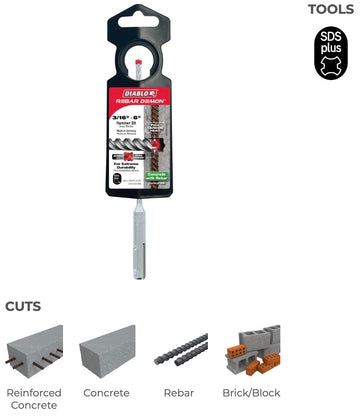 3/16"x4"x6" REBAR DEMON SDS-PLUS 4-CUTTER FULL CARBIDE HEAD HAMMER DRILL BIT