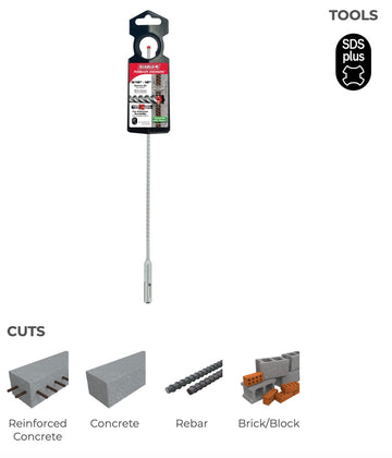 3/16"x10"X12" REBAR DEMON SDS-PLUS 4-CUTTER FULL CARBIDE HEAD HAMMER DRILL BIT