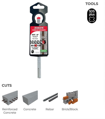 3/8"x4"x6" REBAR DEMON SDS-PLUS 4-CUTTER FULL CARBIDE HEAD HAMMER DRILL BIT