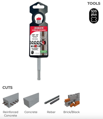 1/2"x4"x6" REBAR DEMON SDS-PLUS 4-CUTTER FULL CARBIDE HEAD HAMMER DRILL BIT